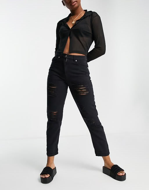 Parisian distressed mom jeans in washed black