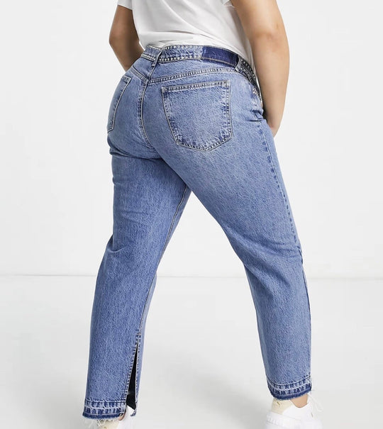 ASOS DESIGN Curve organic cotton blend mid rise '90s' straight leg jean in midwash with diamante hotfix