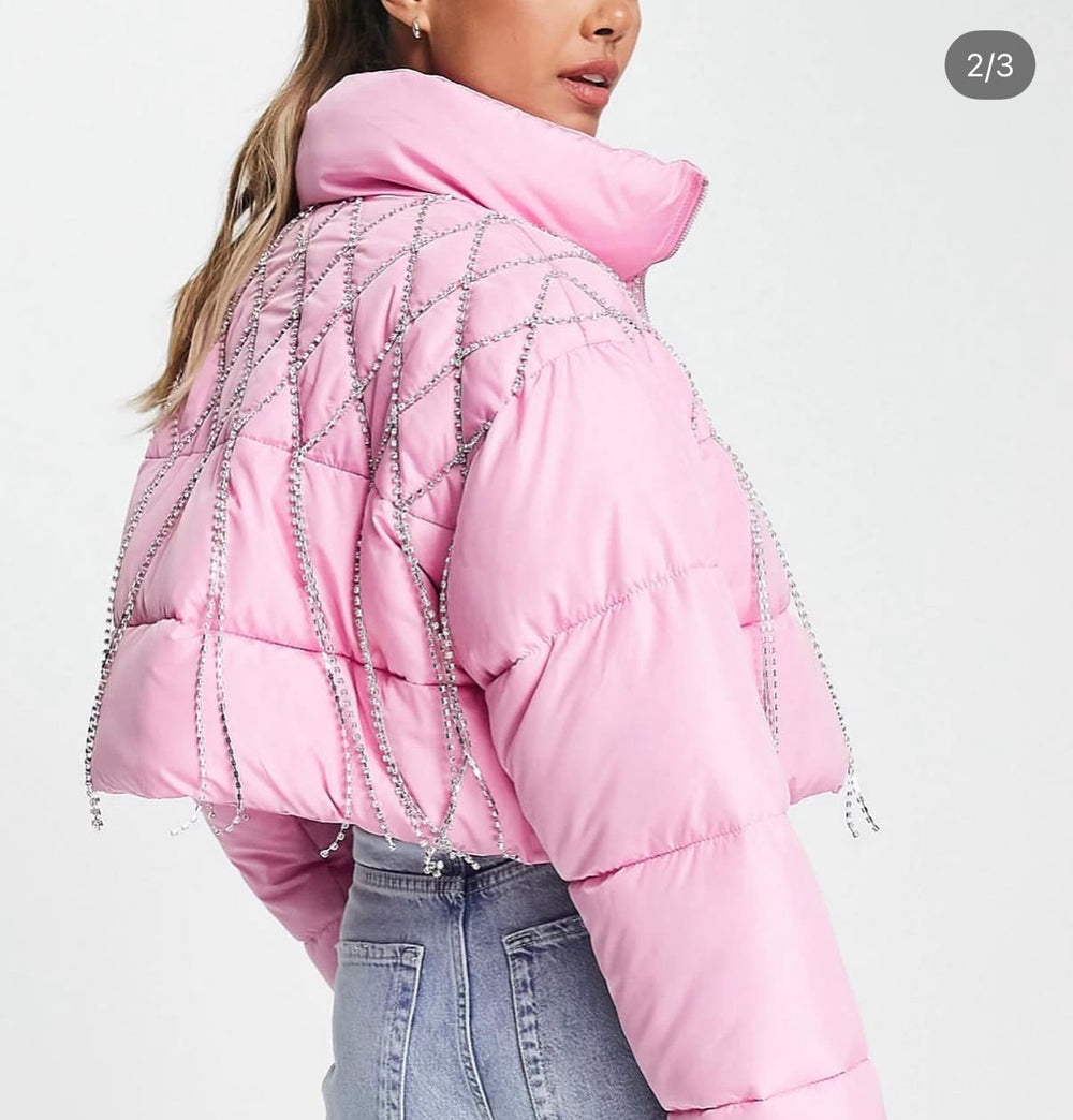 Miss Selfridge dripping diamonte trim crop puffer in pink