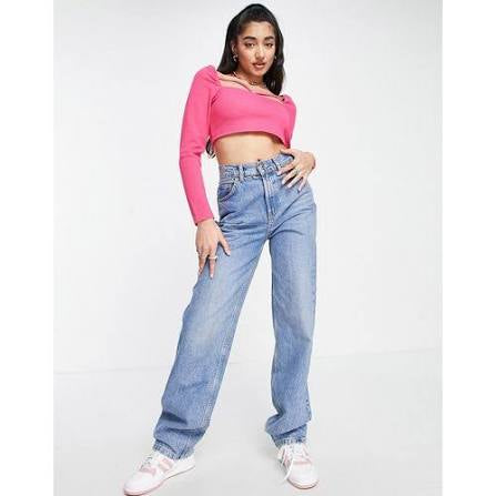 The Frolic strap detail long sleeved crop top in fuchsia pink