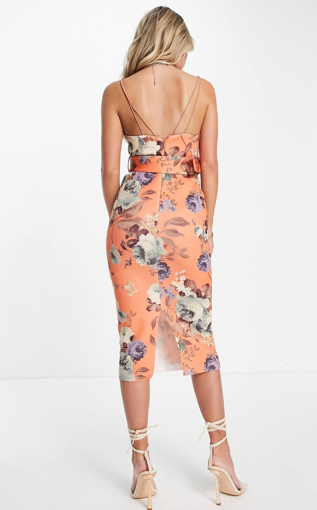 asos design strappy seamed belted midi pencil dress in orange floral print