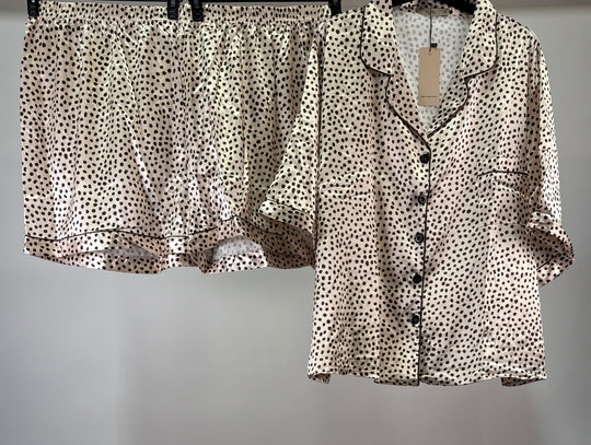 Night Plus satin spot short pyjama set in ivory and chocolate