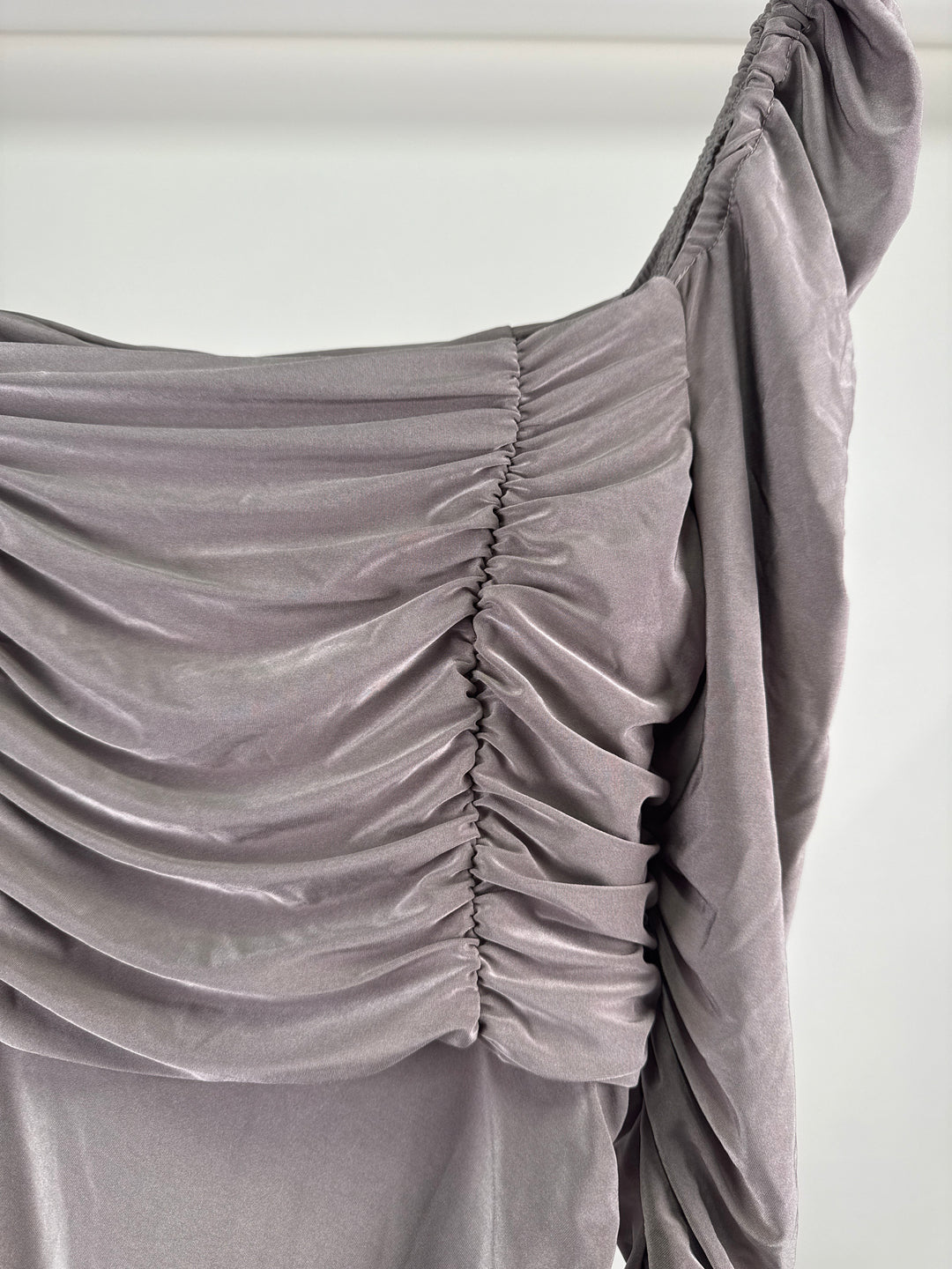 Club L London Petite ruched square neck dress in mauve