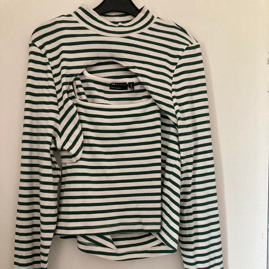 ASOS DESIGN 2 in 1 long sleeve rib top with cut out in green and ecru stripe