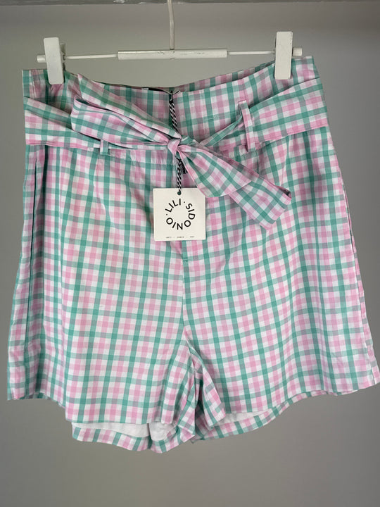 Lili Sidonio Womens Light Pink Green Plaid Woven Paperbag Tie Waist Shorts