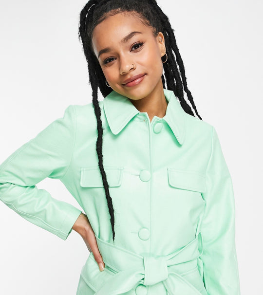 Miss Selfridge PETITE pu tie waist shacket in mint