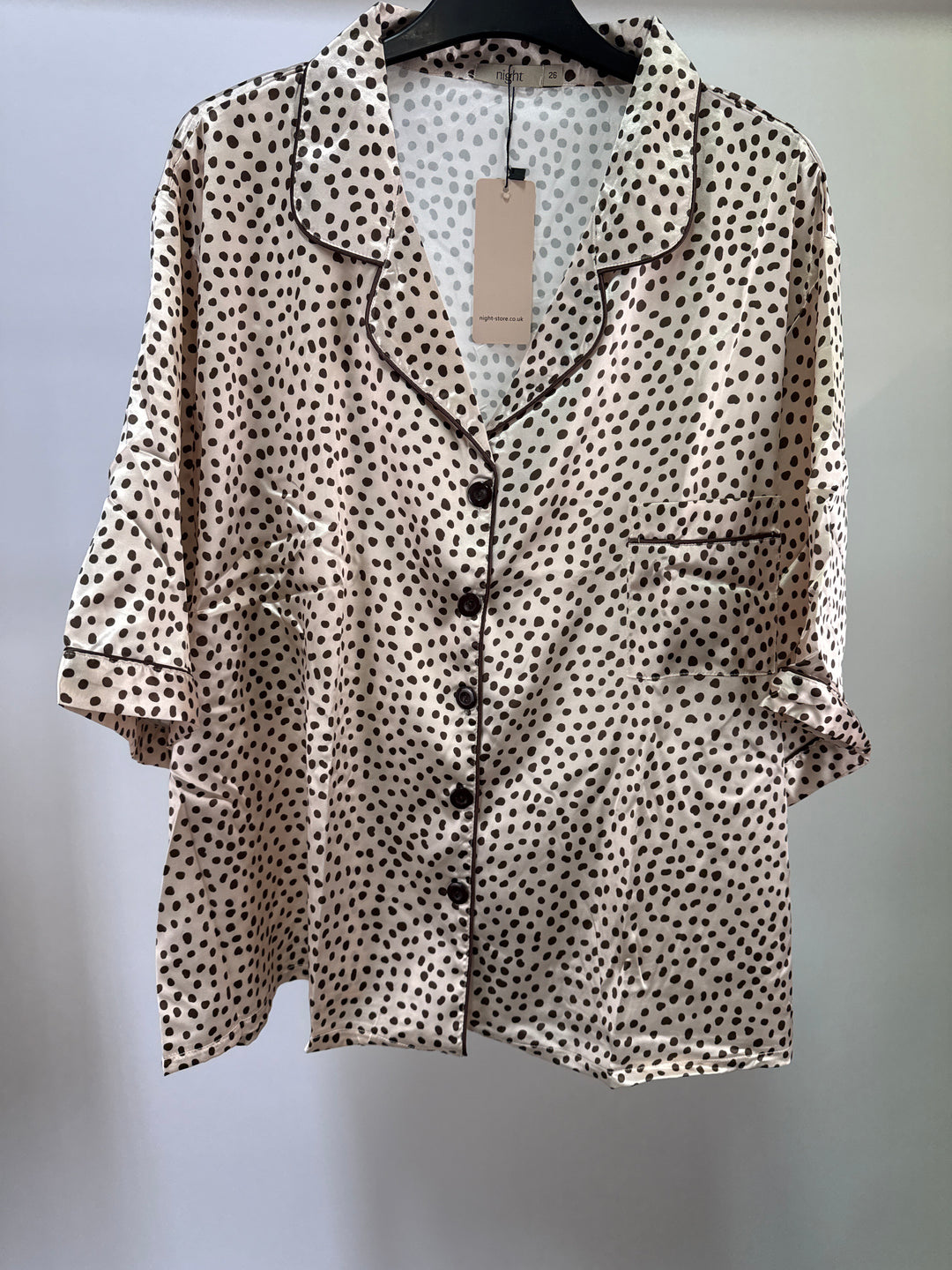 Night Plus satin spot short pyjama set in ivory and chocolate