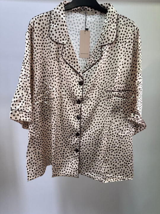 Night Plus satin spot short pyjama set in ivory and chocolate