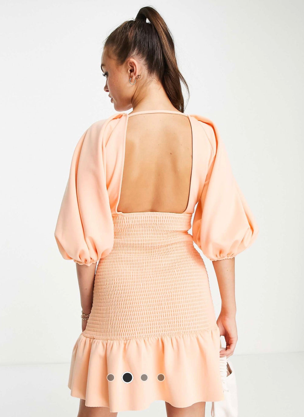 asos design puff sleeve keyhole shirred mini dress in peach