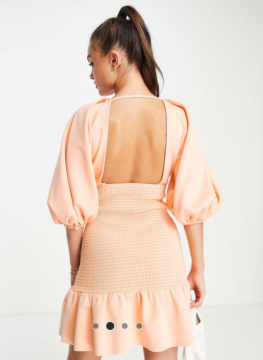 asos design puff sleeve keyhole shirred mini dress in peach