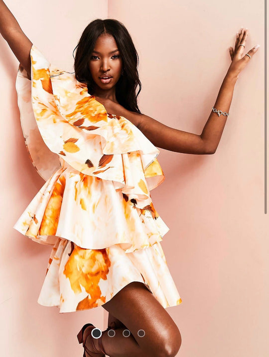 Asos Luxe Satin Ruffle Off shoulder mini dress in Multi