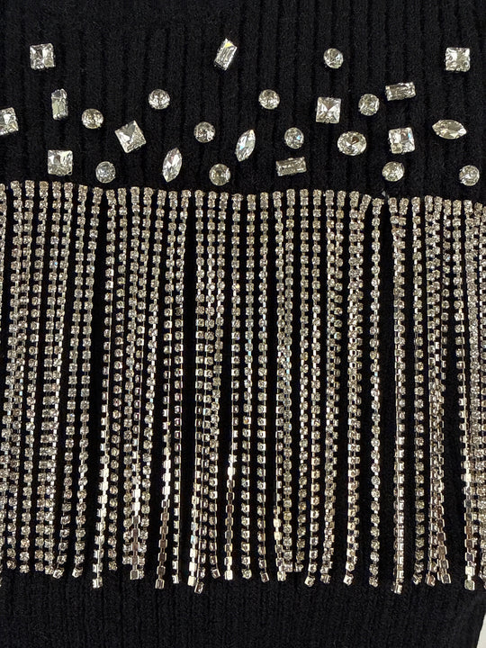 Miss Selfridge embellished diamtone fringe knit jumper in black