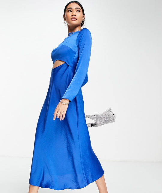 ASOS DESIGN satin midi dress with cowl back and tie in cobalt