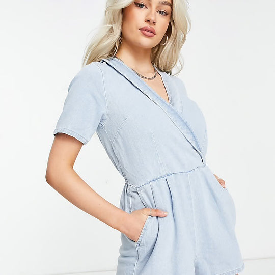 Miss Selfridge Petite Wrap Playsuit In Blue
