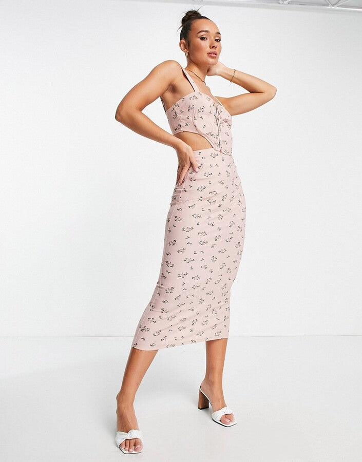 ASOS DESIGN sleeveless corset detail midi dress in baby pink ditsy