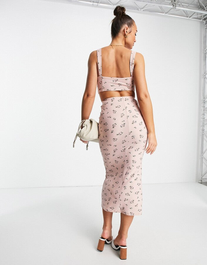 ASOS DESIGN sleeveless corset detail midi dress in baby pink ditsy