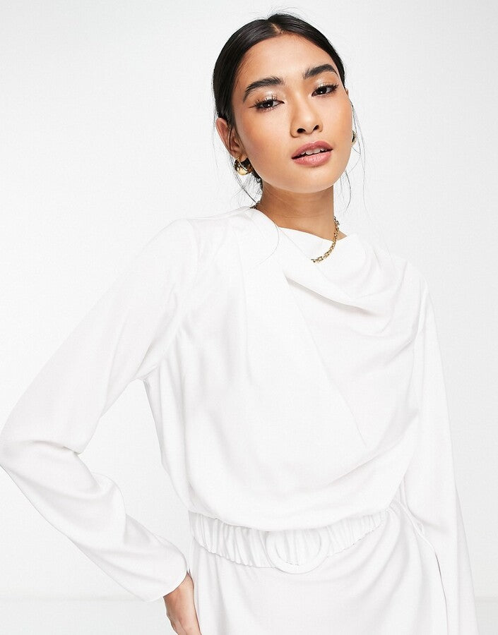 SATIN LONG SLEEVE MINI DRESS WITH SCRUNCHIE BELT DETAIL