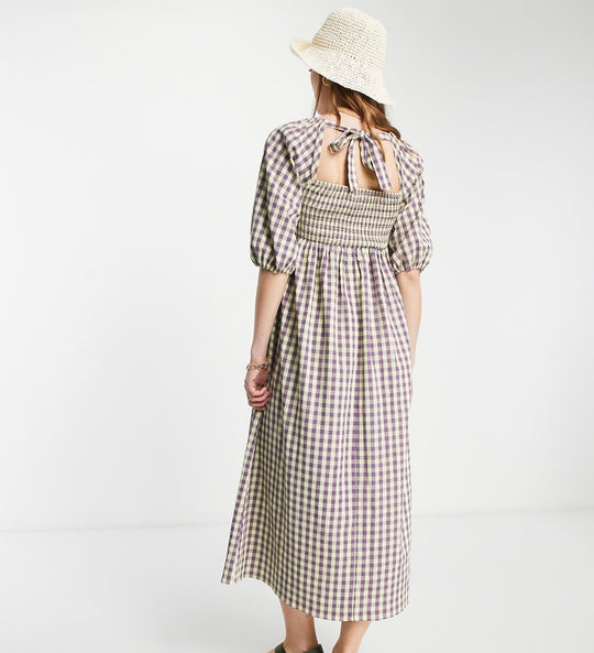 Lola May shirred bust midi smock dress in check