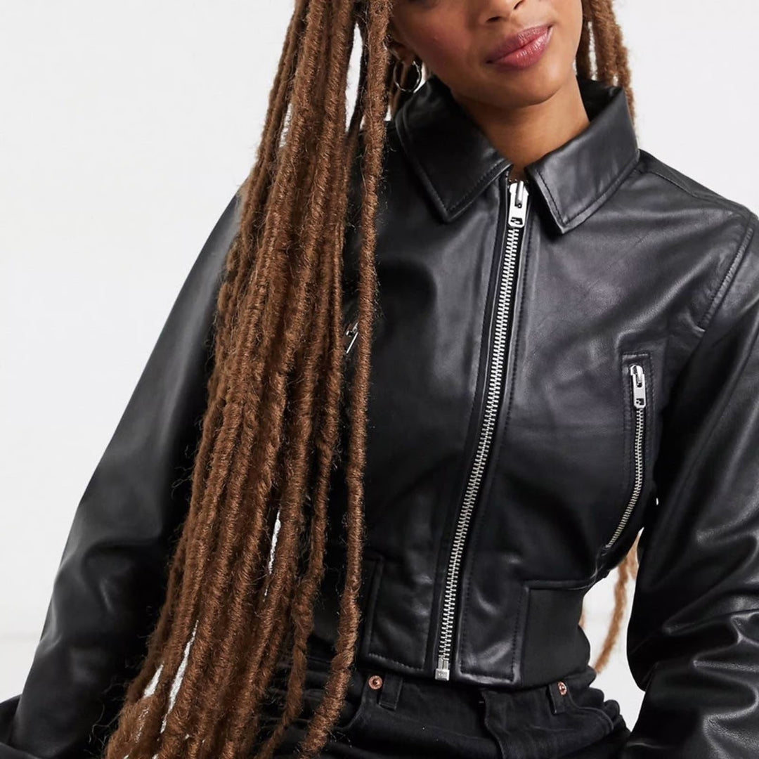 Topshop Premium nahkainen bomber-takki, musta