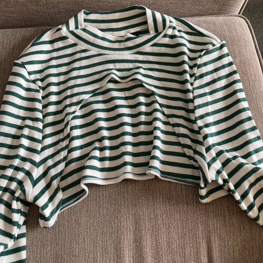 ASOS DESIGN 2 in 1 long sleeve rib top with cut out in green and ecru stripe