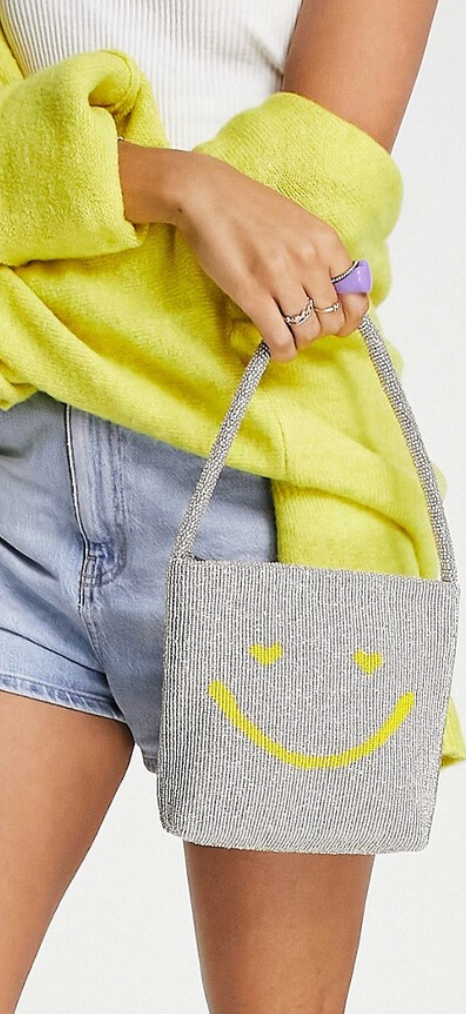 ASOS DESIGN beaded grab bag with happy face in silver