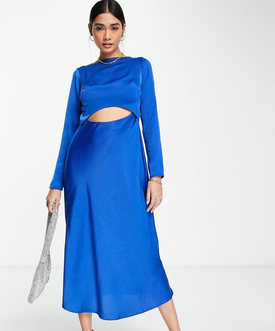 ASOS DESIGN satin midi dress with cowl back and tie in cobalt