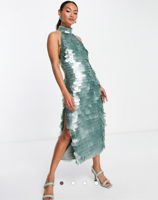 ASOS DESIGN high neck disc sequin midi dress in sage
