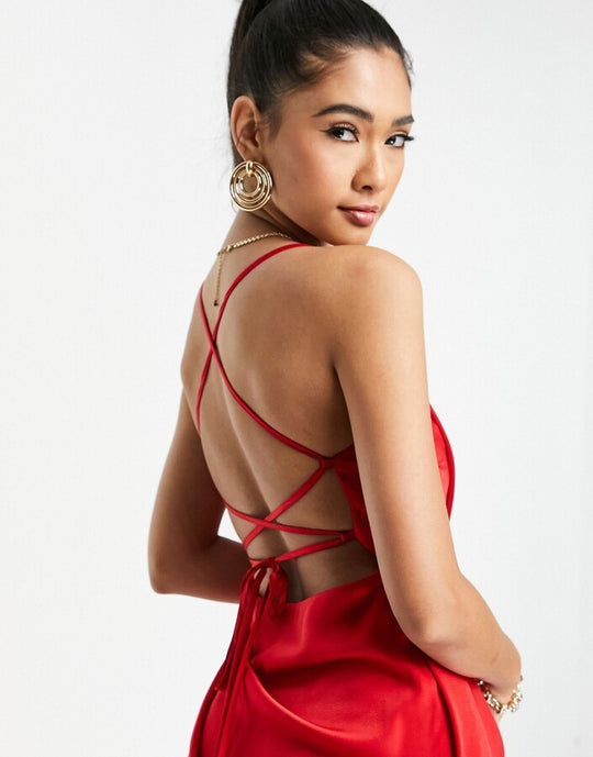 ASOS DESIGN square neck satin midi dress with drape detail and lace up back in red
