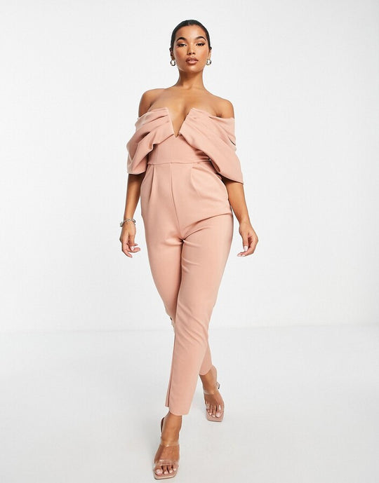 ASOS DESIGN scuba off shoulder v bar slim leg