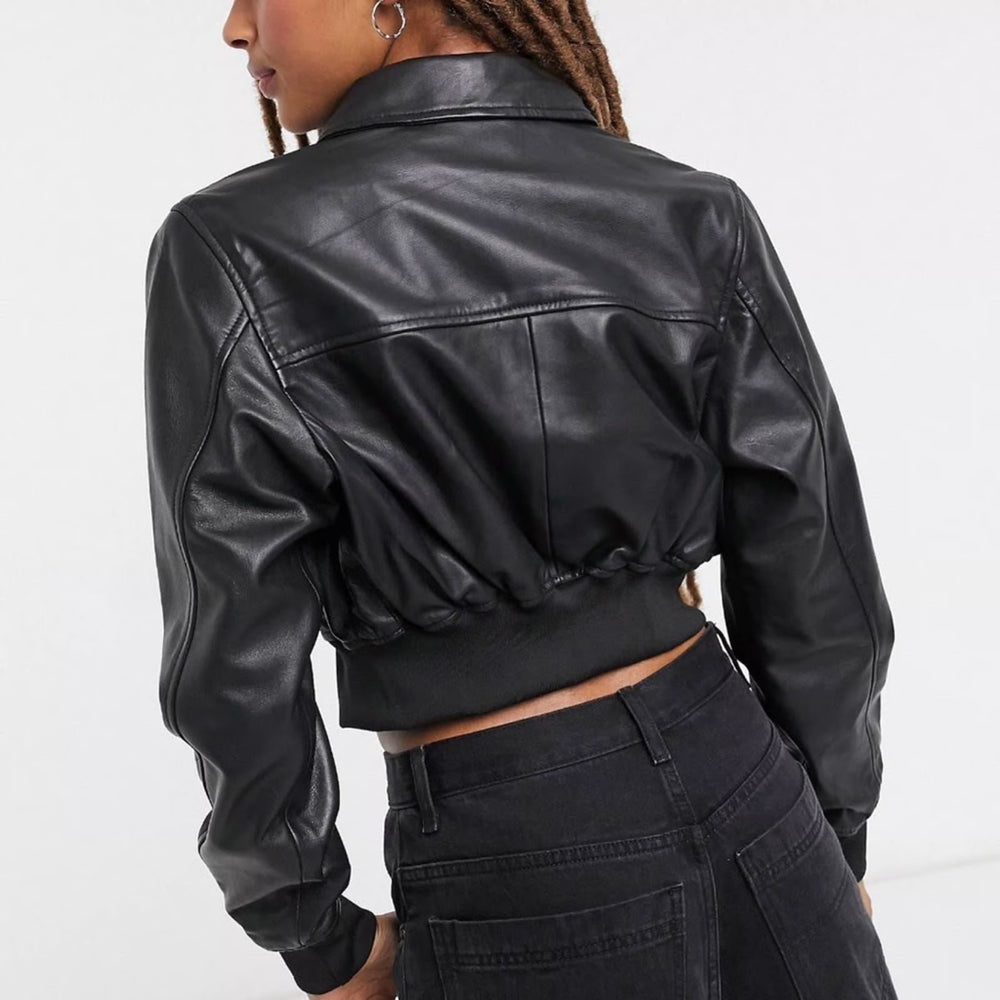 Topshop Premium nahkainen bomber-takki, musta