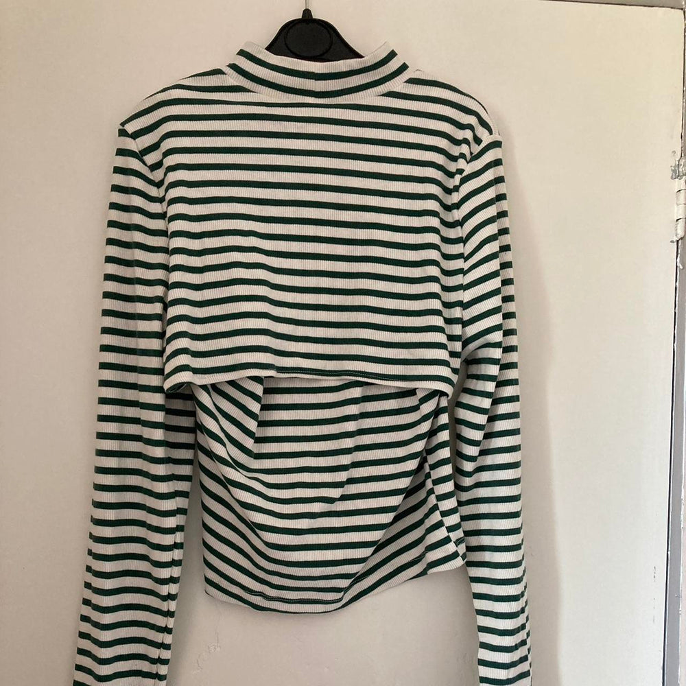ASOS DESIGN 2 in 1 long sleeve rib top with cut out in green and ecru stripe
