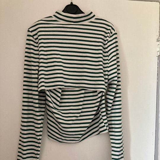 ASOS DESIGN 2 in 1 long sleeve rib top with cut out in green and ecru stripe