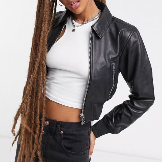 Topshop Premium nahkainen bomber-takki, musta