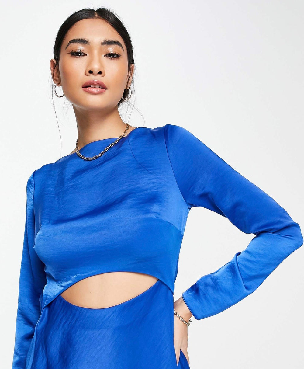 ASOS DESIGN satin midi dress with cowl back and tie in cobalt