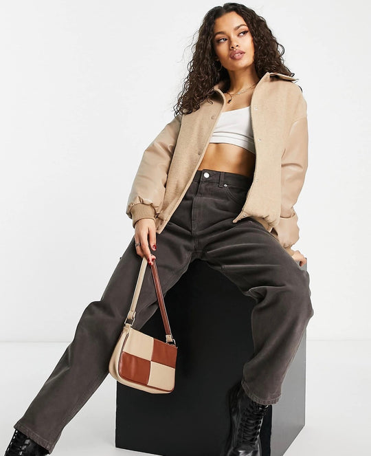 ASOS DESIGN Petite Varsity Bomber Jacket In Camel
