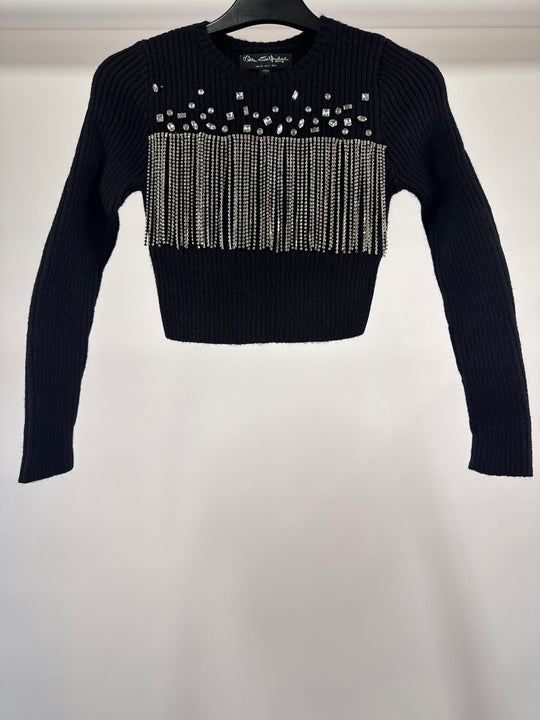 Miss Selfridge embellished diamtone fringe knit jumper in black