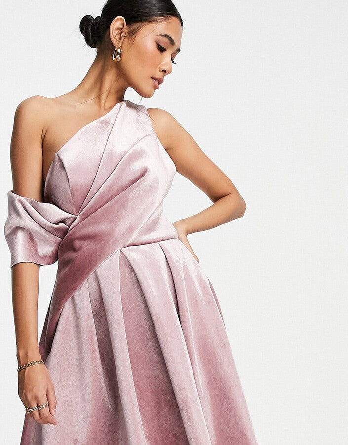 ASOS DESIGN velvet bare shoulder prom midi dress in rose pink