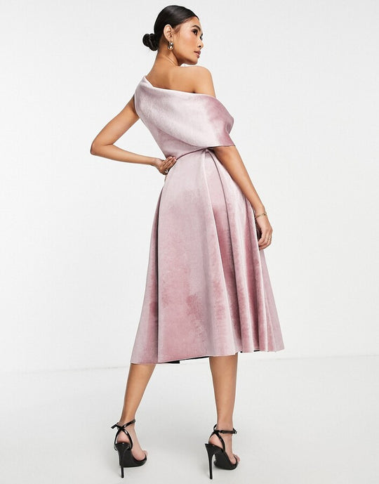 ASOS DESIGN velvet bare shoulder prom midi dress in rose pink