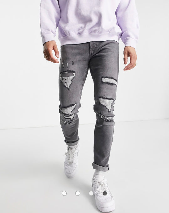 Topman stretch skinny jeans with rip and repair in grey