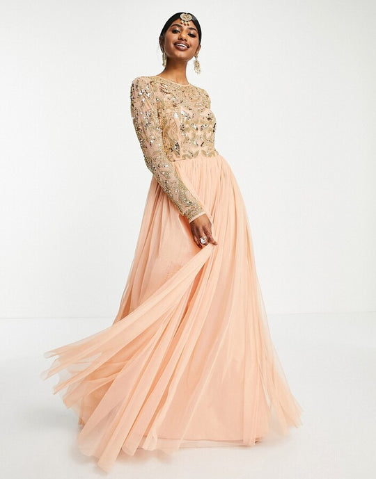 ASOS Design Anarkali Beaded Bodice Maxi Dress in Apricot