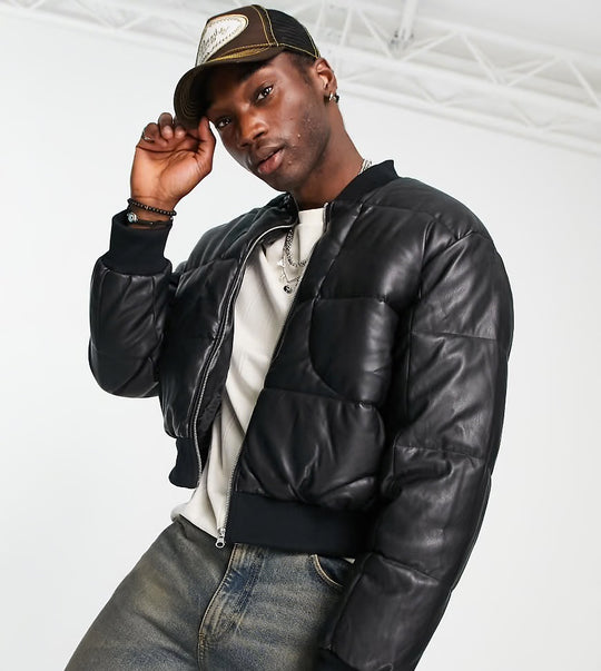 COLLUSION faux leather quilted bomber in black