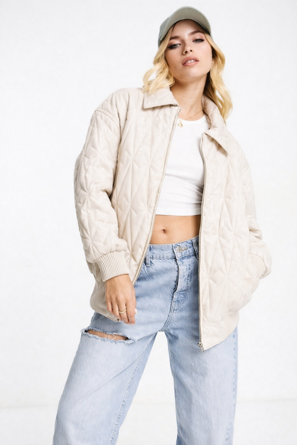 ASOS DESIGN leather look quilted bomber in cream