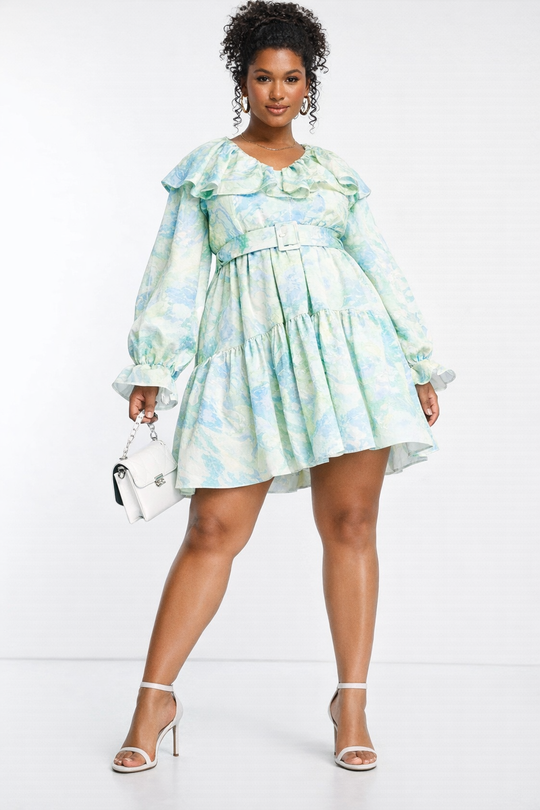 ASOS LUXE MARBLE V NECK BELTED TWILL SMOCK DRESS