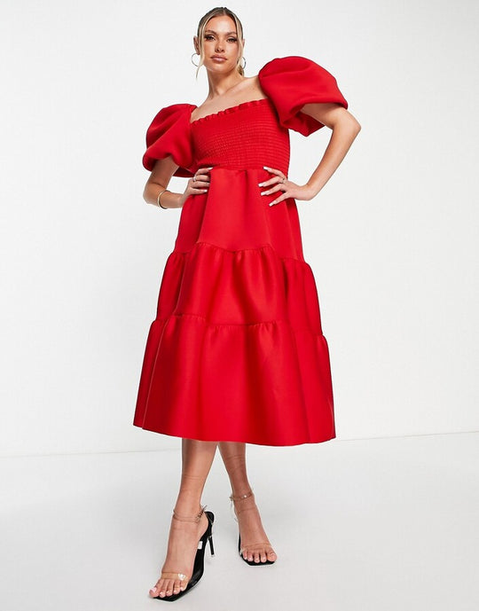Asos Design shirred puff sleeve tiered prom midi dress in red