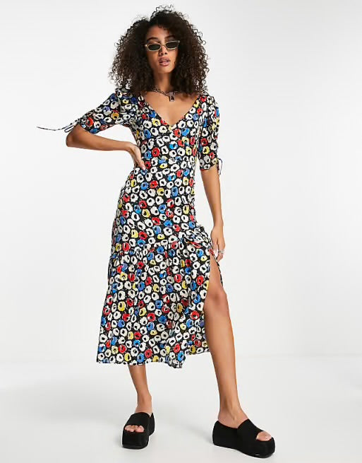Topshop retro primary floral peplum midi dress in multi