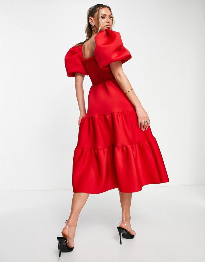 Asos Design shirred puff sleeve tiered prom midi dress in red