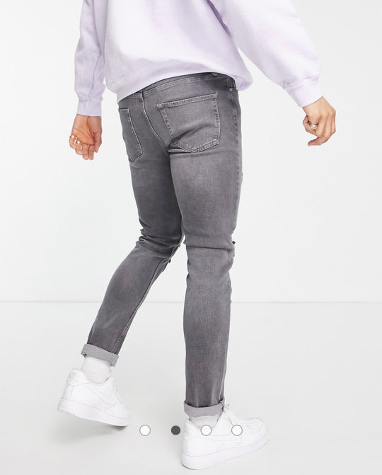 Topman stretch skinny jeans with rip and repair in grey