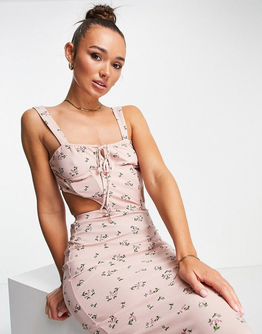 ASOS DESIGN sleeveless corset detail midi dress in baby pink ditsy