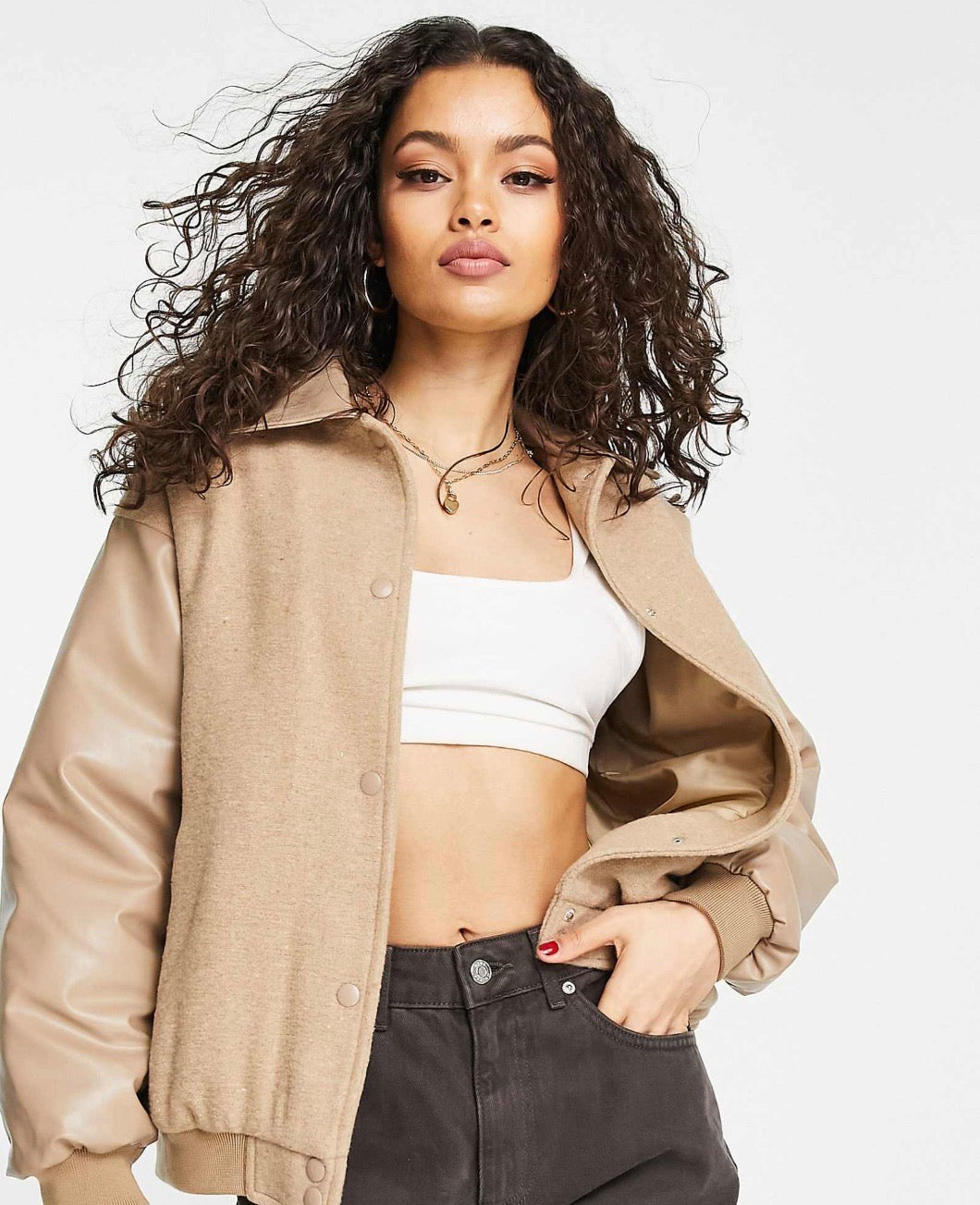 ASOS DESIGN Petite Varsity Bomber Jacket In Camel