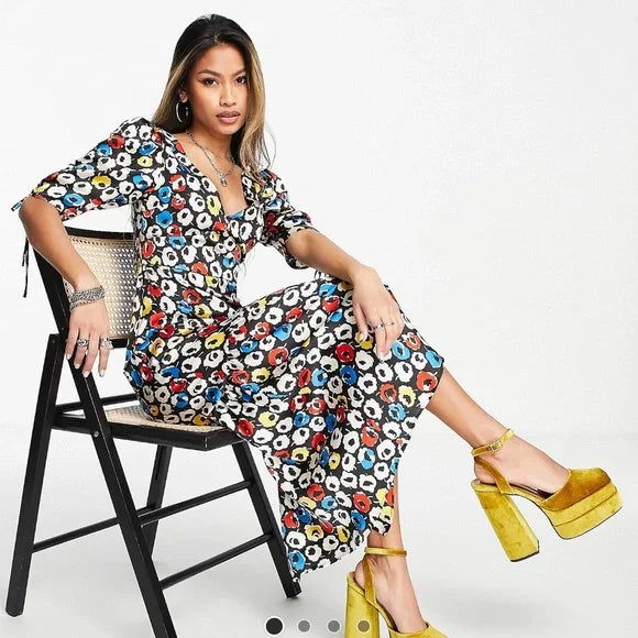 Topshop retro primary floral peplum midi dress in multi